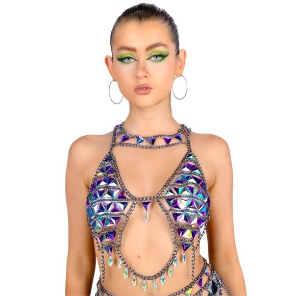 RAVE WONDERLAND DOLLS KILL Iridescent Gem Jewelry Crop Top Crystal Chain Bra - Picture 3 of 15